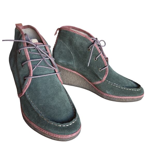 Olukai Green Wali Suede Moc Toe Wedge Heel Booties size 9 - Picture 2 of 14